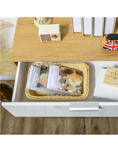 HOMCOM Modern Storage Cabinet, High Gloss Slim Sideboard with Drawer, Door Cupboard, Adjustable Shelves, White and Natural 838-3