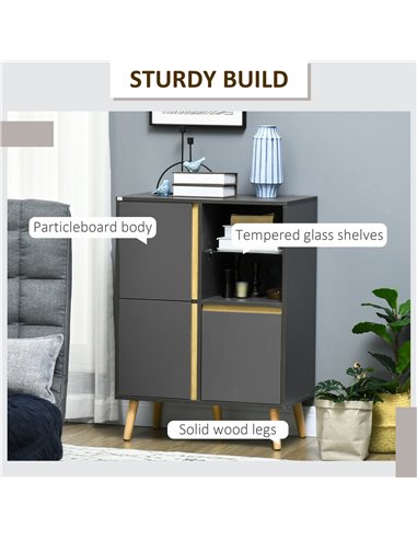 HOMCOM Storage Cabinet Sideboard with Tempered Glass Adjustable Shelves and Solid Wood Legs 838-339V00CG
