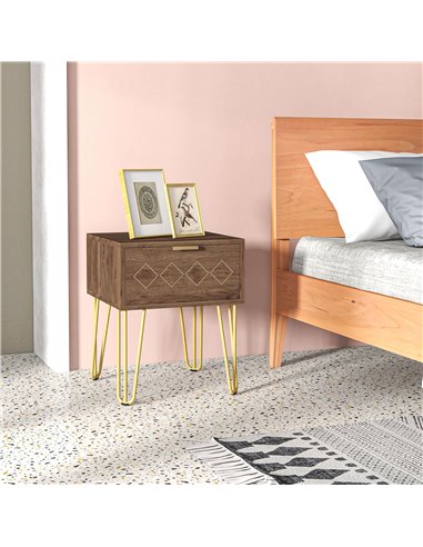 HOMCOM Modern Wooden Bedside Table with Drawer, Stylish Sofa Side Table with Gold Tone Metal Legs for Bedroom or Living Room 831