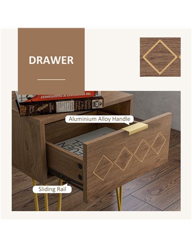 HOMCOM Modern Wooden Bedside Table with Drawer, Stylish Sofa Side Table with Gold Tone Metal Legs for Bedroom or Living Room 831