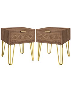 HOMCOM Bedside Table Set of 2 with Drawer, Wooden Nightstand, Modern Sofa Side Table with Gold Tone Metal Legs for Bedroom 831-P