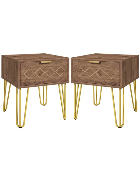 HOMCOM Bedside Table Set of 2 with Drawer, Wooden Nightstand, Modern Sofa Side Table with Gold Tone Metal Legs for Bedroom 831-P - pic 85790 | FastDaddyshop