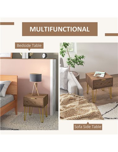 HOMCOM Bedside Table Set of 2 with Drawer, Wooden Nightstand, Modern Sofa Side Table with Gold Tone Metal Legs for Bedroom 831-P