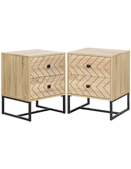 HOMCOM Bedside Table Nightstand Two-Drawer Bedroom Storage Unit Zig Zag Design with Black Metal Handles, Set of 2, Natural 831-P - pic 85799 | FastDaddyshop