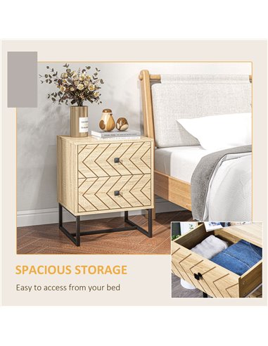 HOMCOM Bedside Table Nightstand Two-Drawer Bedroom Storage Unit Zig Zag Design with Black Metal Handles, Set of 2, Natural 831-P