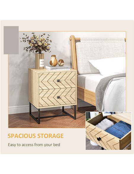HOMCOM Bedside Table Nightstand Two-Drawer Bedroom Storage Unit Zig Zag Design with Black Metal Handles, Set of 2, Natural 831-P - pic 85803 | FastDaddyshop