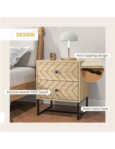 HOMCOM Bedside Table Nightstand Two-Drawer Bedroom Storage Unit Zig Zag Design with Black Metal Handles, Set of 2, Natural 831-P - pic 85804 | FastDaddyshop