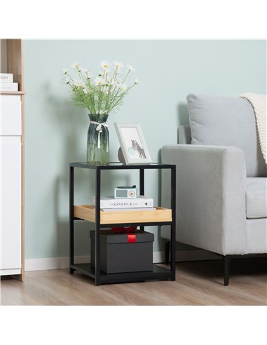 HOMCOM Glass Top Side Table: 3-Tier Nightstand with Storage Shelves, Steel Frame for Bedrooms 839-244ND