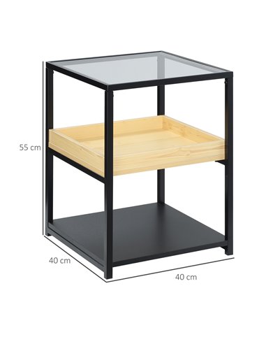 HOMCOM Glass Top Side Table: 3-Tier Nightstand with Storage Shelves, Steel Frame for Bedrooms 839-244ND
