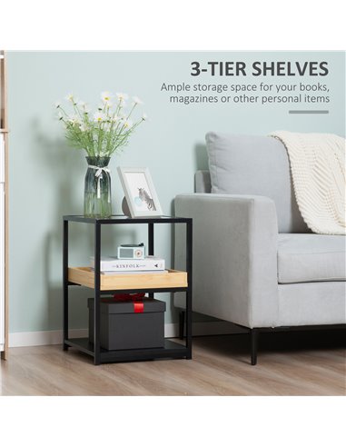 HOMCOM Glass Top Side Table: 3-Tier Nightstand with Storage Shelves, Steel Frame for Bedrooms 839-244ND