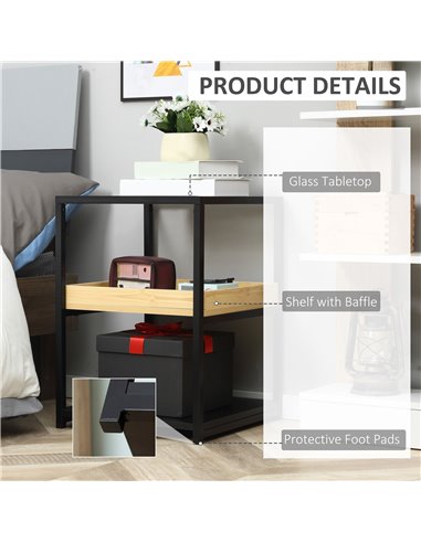 HOMCOM Glass Top Side Table: 3-Tier Nightstand with Storage Shelves, Steel Frame for Bedrooms 839-244ND