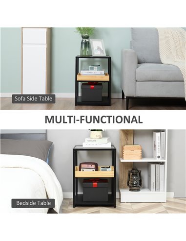 HOMCOM Glass Top Side Table: 3-Tier Nightstand with Storage Shelves, Steel Frame for Bedrooms 839-244ND