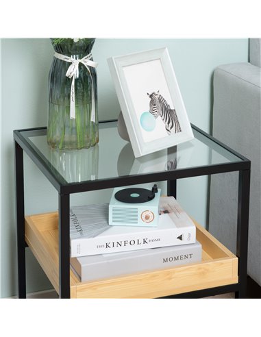 HOMCOM Glass Top Side Table: 3-Tier Nightstand with Storage Shelves, Steel Frame for Bedrooms 839-244ND