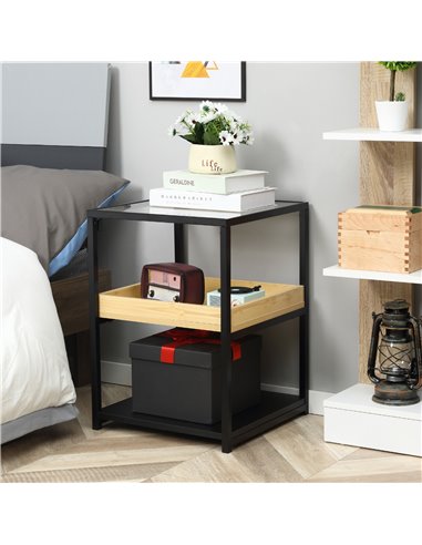 HOMCOM Glass Top Side Table: 3-Tier Nightstand with Storage Shelves, Steel Frame for Bedrooms 839-244ND