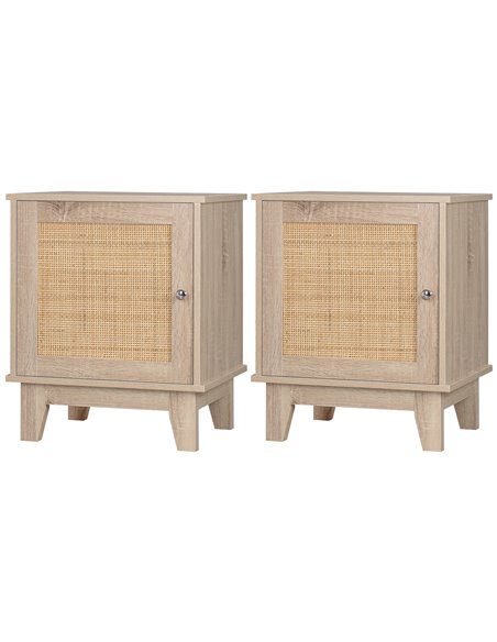 HOMCOM Bedside Table, Bedside Cabinet with Storage Cupboard, Side End Table with Rattan Element for Living Room, Bedroom, Set of - pic 85826 | FastDaddyshop