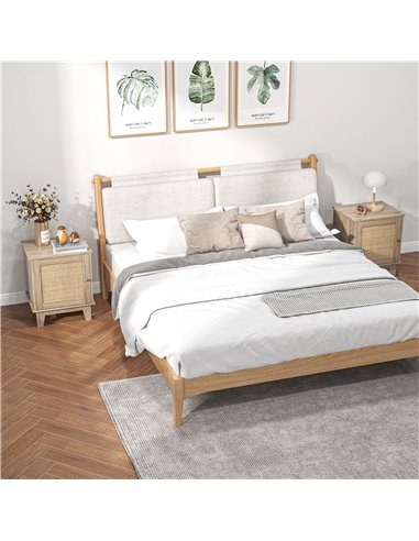 HOMCOM Bedside Table, Bedside Cabinet with Storage Cupboard, Side End Table with Rattan Element for Living Room, Bedroom, Set of