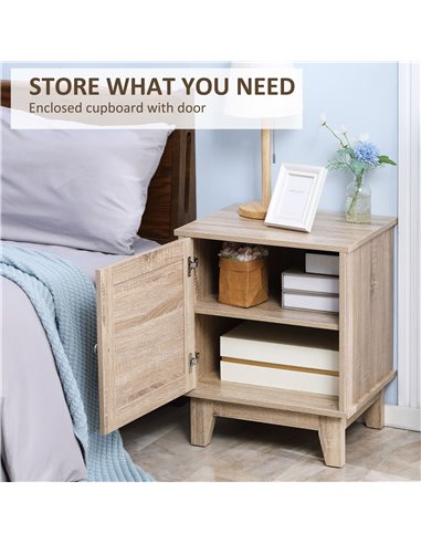 HOMCOM Bedside Table, Bedside Cabinet with Storage Cupboard, Side End Table with Rattan Element for Living Room, Bedroom, Set of