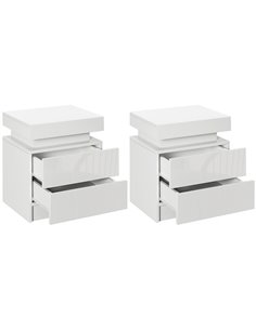 HOMCOM White Bedside Table with LED Light, High Gloss Front Nightstand with 2 Drawers, for Living Room, Bedroom 831-P111