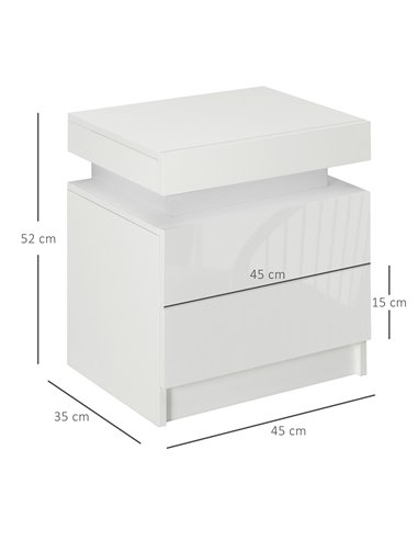 HOMCOM White Bedside Table with LED Light, High Gloss Front Nightstand with 2 Drawers, for Living Room, Bedroom 831-P111
