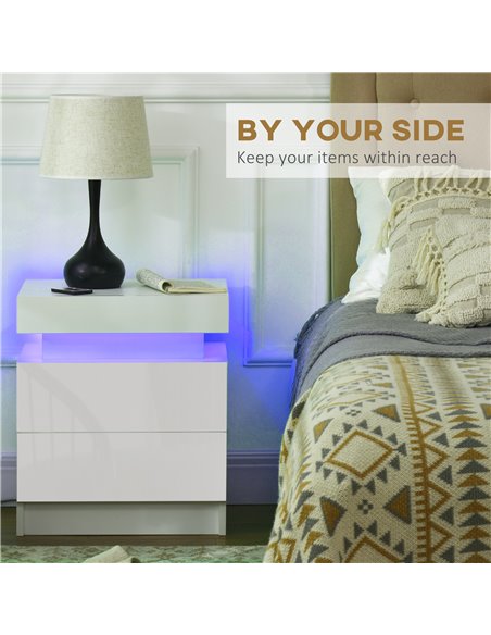HOMCOM White Bedside Table with LED Light, High Gloss Front Nightstand with 2 Drawers, for Living Room, Bedroom 831-P111 - pic 85857 | FastDaddyshop
