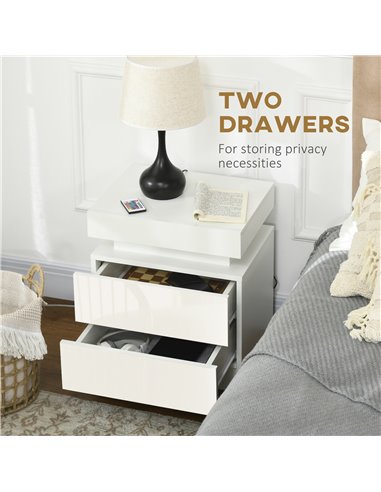 HOMCOM White Bedside Table with LED Light, High Gloss Front Nightstand with 2 Drawers, for Living Room, Bedroom 831-P111