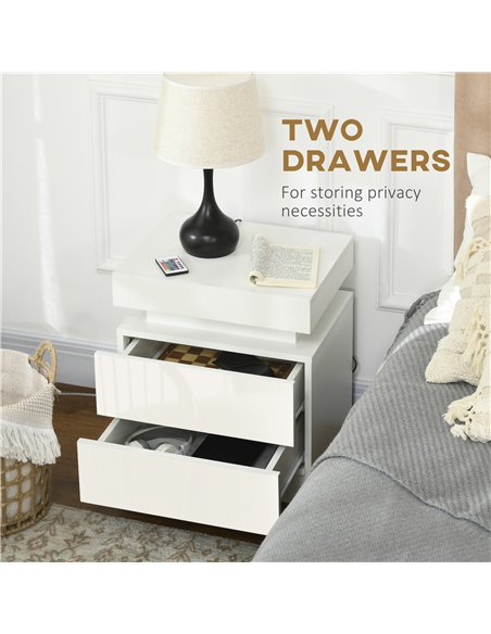 HOMCOM White Bedside Table with LED Light, High Gloss Front Nightstand with 2 Drawers, for Living Room, Bedroom 831-P111 - pic 85858 | FastDaddyshop