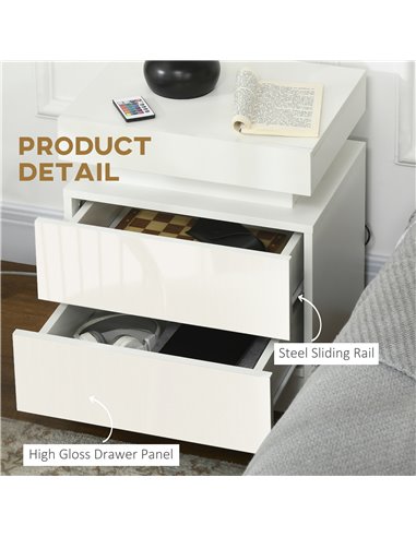 HOMCOM White Bedside Table with LED Light, High Gloss Front Nightstand with 2 Drawers, for Living Room, Bedroom 831-P111