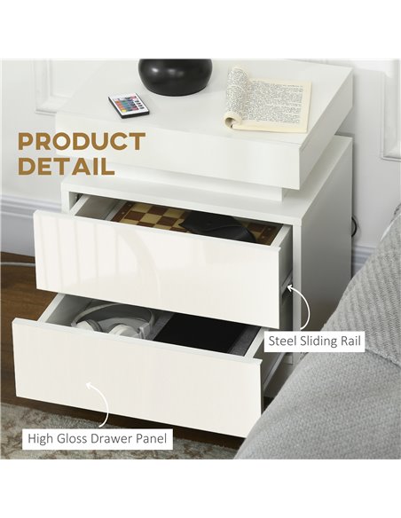 HOMCOM White Bedside Table with LED Light, High Gloss Front Nightstand with 2 Drawers, for Living Room, Bedroom 831-P111 - pic 85859 | FastDaddyshop