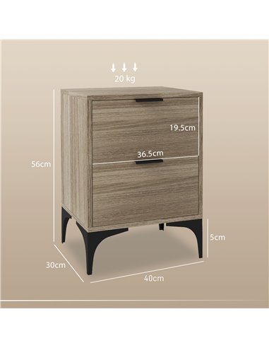 HOMCOM Bedside Tables Set of 2, Modern Nightstand w/ 2 Drawers, Small Sofa End Tables w/ Storage, Steel Legs for Bedroom, Living