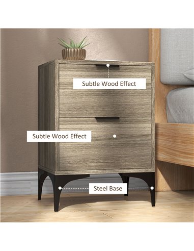 HOMCOM Bedside Tables Set of 2, Modern Nightstand w/ 2 Drawers, Small Sofa End Tables w/ Storage, Steel Legs for Bedroom, Living