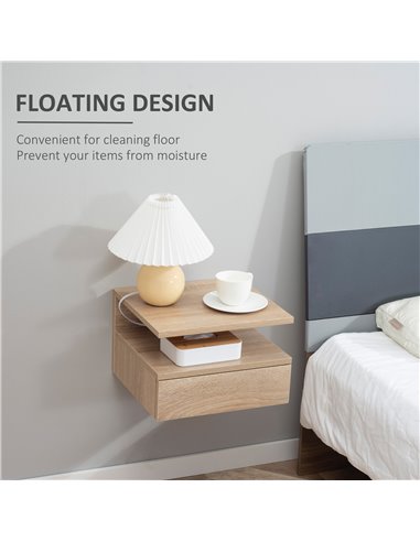 HOMCOM Floating Bedside Cabinet with Drawer and Open Shelf, Wall Mounted Nightstands, Bedside Table with Storage, Oak Tone 831-3