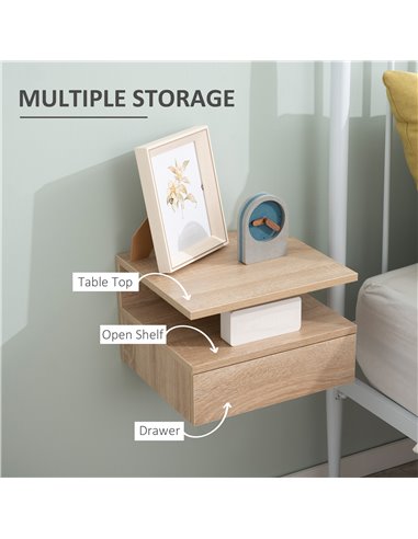 HOMCOM Floating Bedside Cabinet with Drawer and Open Shelf, Wall Mounted Nightstands, Bedside Table with Storage, Oak Tone 831-3
