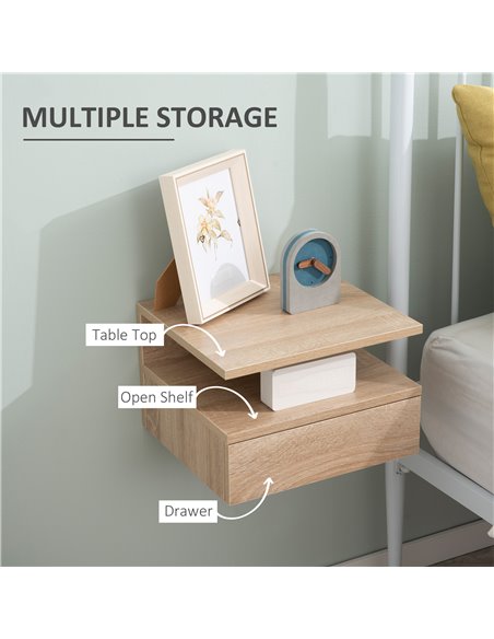 HOMCOM Floating Bedside Cabinet with Drawer and Open Shelf, Wall Mounted Nightstands, Bedside Table with Storage, Oak Tone 831-3 - pic 85920 | FastDaddyshop