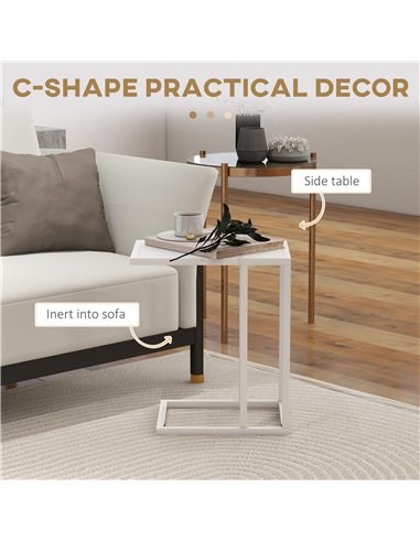 HOMCOM C Shape Bedside Table w/Metal Frame Wood-Effect Top Sofa Narrow Snack End Table for Living Room, White 838-035V81WT
