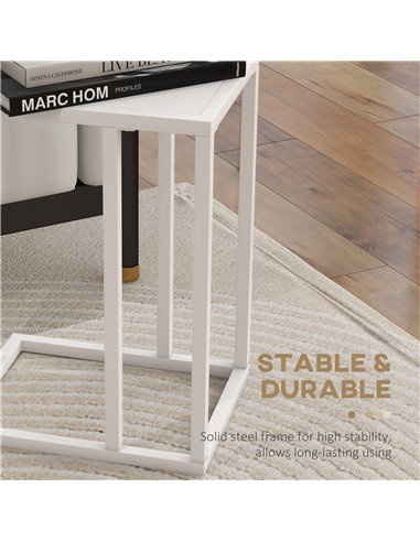 HOMCOM C Shape Bedside Table w/Metal Frame Wood-Effect Top Sofa Narrow Snack End Table for Living Room, White 838-035V81WT