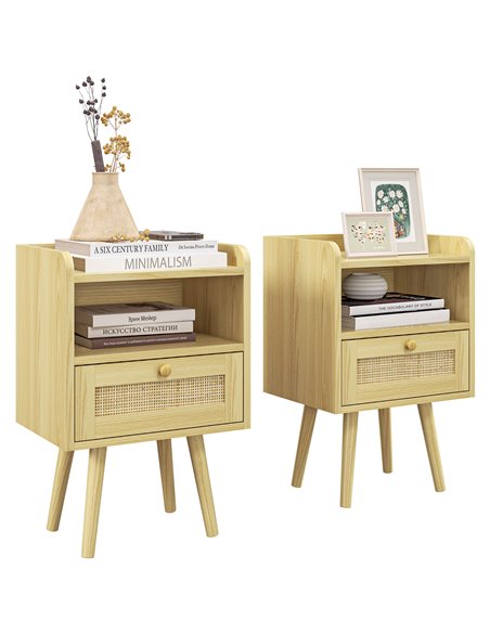 HOMCOM Bedside Table Set of 2, Boho Nightstand with Drawer, Storage Compartment, Natural Wood Finish 831-771V80ND - pic 85961 | FastDaddyshop