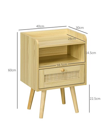 HOMCOM Bedside Table Set of 2, Boho Nightstand with Drawer, Storage Compartment, Natural Wood Finish 831-771V80ND