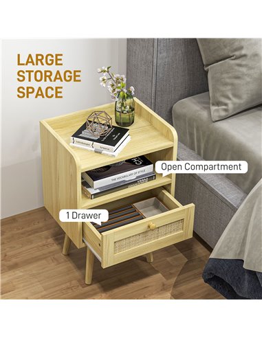HOMCOM Bedside Table Set of 2, Boho Nightstand with Drawer, Storage Compartment, Natural Wood Finish 831-771V80ND