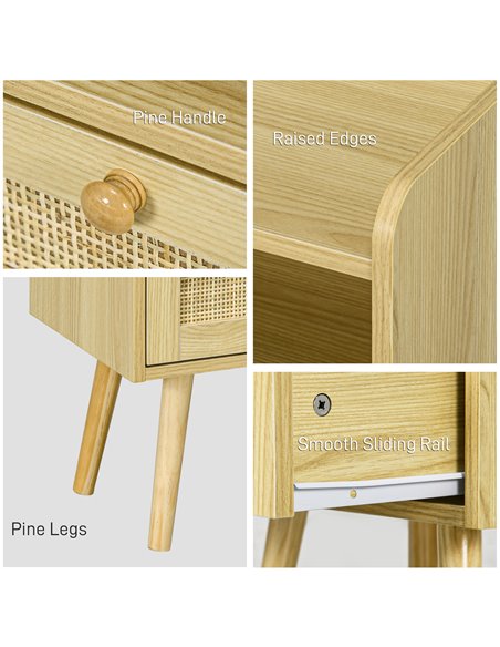 HOMCOM Bedside Table Set of 2, Boho Nightstand with Drawer, Storage Compartment, Natural Wood Finish 831-771V80ND - pic 85965 | FastDaddyshop