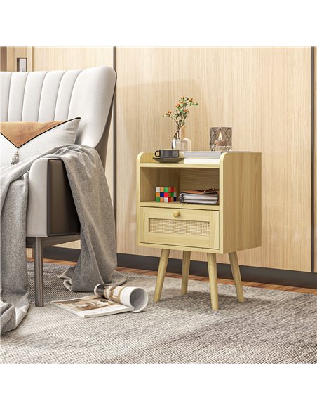 HOMCOM Bedside Table Set of 2, Boho Nightstand with Drawer, Storage Compartment, Natural Wood Finish 831-771V80ND - pic 85967 | FastDaddyshop