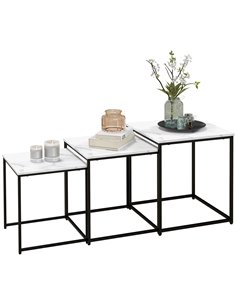 HOMCOM Nesting Tables Set of 3, Side End Table with Faux Marble Effect Top and Steel Legs for Living Room, Bedroom, White 839-85