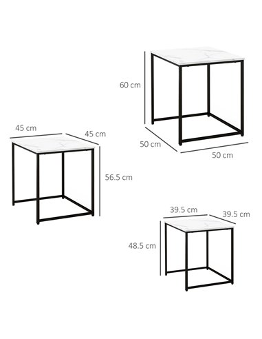 HOMCOM Nesting Tables Set of 3, Side End Table with Faux Marble Effect Top and Steel Legs for Living Room, Bedroom, White 839-85