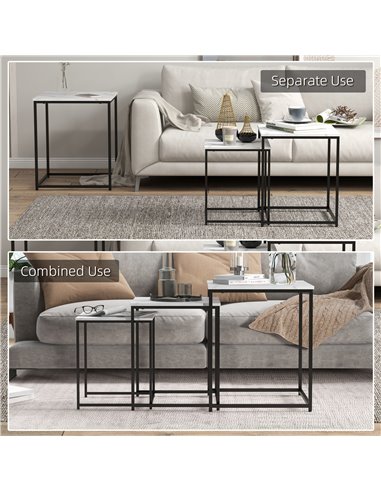 HOMCOM Nesting Tables Set of 3, Side End Table with Faux Marble Effect Top and Steel Legs for Living Room, Bedroom, White 839-85