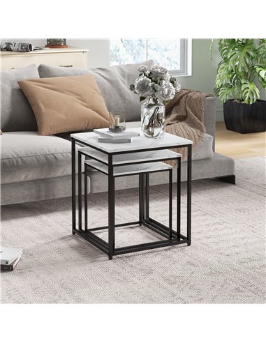 HOMCOM Nesting Tables Set of 3, Side End Table with Faux Marble Effect Top and Steel Legs for Living Room, Bedroom, White 839-85