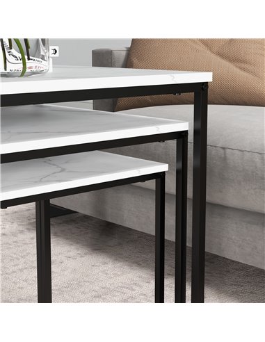 HOMCOM Nesting Tables Set of 3, Side End Table with Faux Marble Effect Top and Steel Legs for Living Room, Bedroom, White 839-85