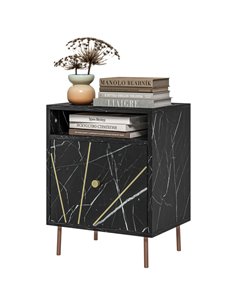 HOMCOM Marble Effect Bedside Table, Modern Side Table with Drawer, Open Shelf and Gold Tone Metal Legs for Bedroom, Living Room,