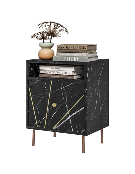 HOMCOM Marble Effect Bedside Table, Modern Side Table with Drawer, Open Shelf and Gold Tone Metal Legs for Bedroom, Living Room, - pic 85997 | FastDaddyshop