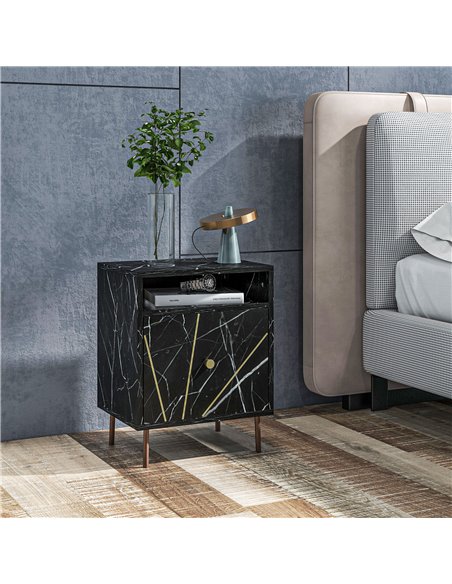 HOMCOM Marble Effect Bedside Table, Modern Side Table with Drawer, Open Shelf and Gold Tone Metal Legs for Bedroom, Living Room, - pic 85998 | FastDaddyshop