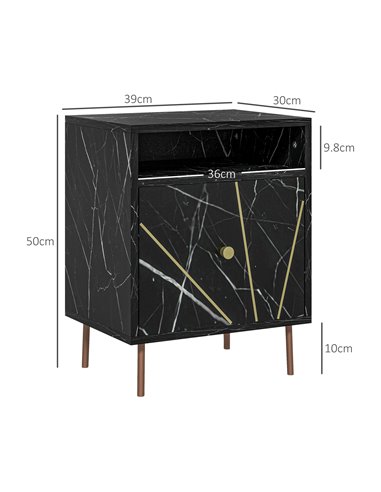 HOMCOM Marble Effect Bedside Table, Modern Side Table with Drawer, Open Shelf and Gold Tone Metal Legs for Bedroom, Living Room,