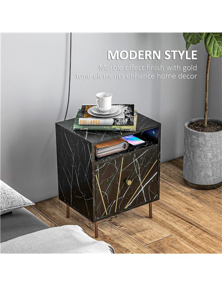 HOMCOM Marble Effect Bedside Table, Modern Side Table with Drawer, Open Shelf and Gold Tone Metal Legs for Bedroom, Living Room, - pic 86000 | FastDaddyshop
